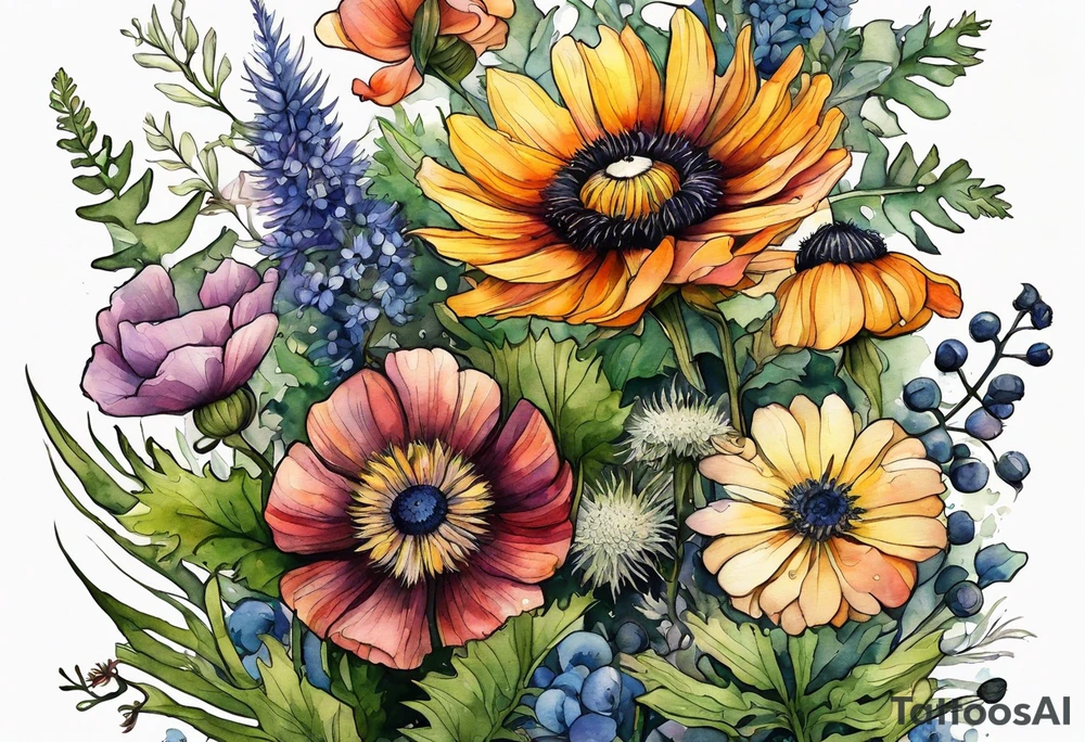 wildflowers with thistles, ferns, ranuculus, white anemones with black center, sun flowers, mixed color flowers and different shapes all in watercolor tattoo idea
