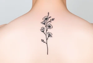 minimalist fine line sweet pea vine with larkspur and violet tattoo idea