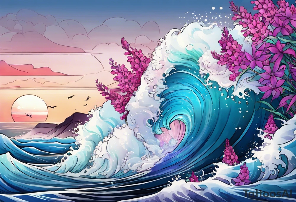 ocean wave with lupin flower and fireweed tattoo idea