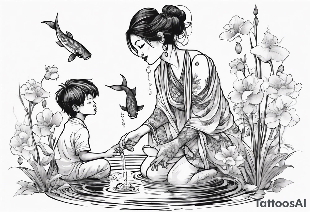 ethnic 
woman and two little boy, watering sweet pea flowers cascading down, surrounding a pond with 2 koi fish swimming tattoo idea