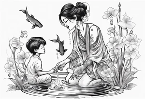 ethnic 
woman and two little boy, watering sweet pea flowers cascading down, surrounding a pond with 2 koi fish swimming tattoo idea