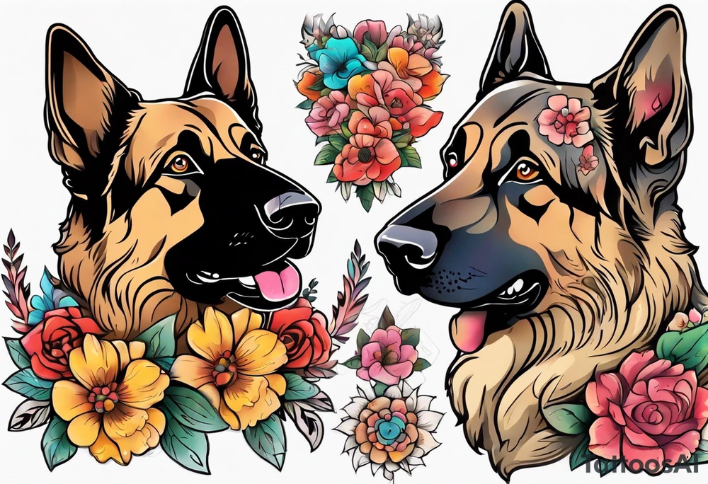 Sable haired German shepherd portrait brightly colored with flowers tattoo idea