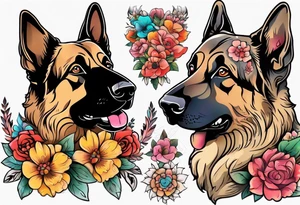 Sable haired German shepherd portrait brightly colored with flowers tattoo idea