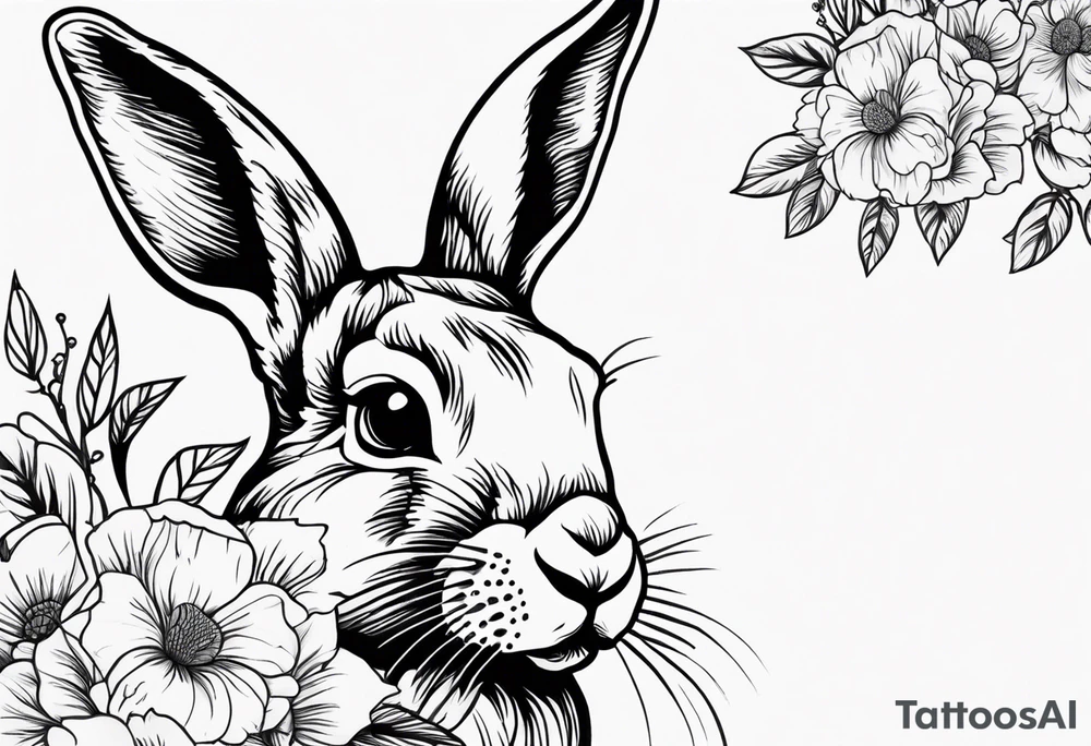 Realistic rabbit head and flowers tattoo idea