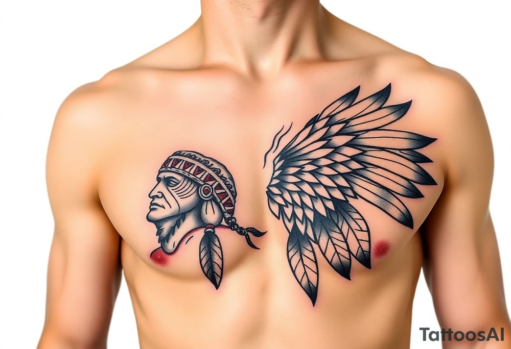 Native American chest in full color male left peck tattoo idea