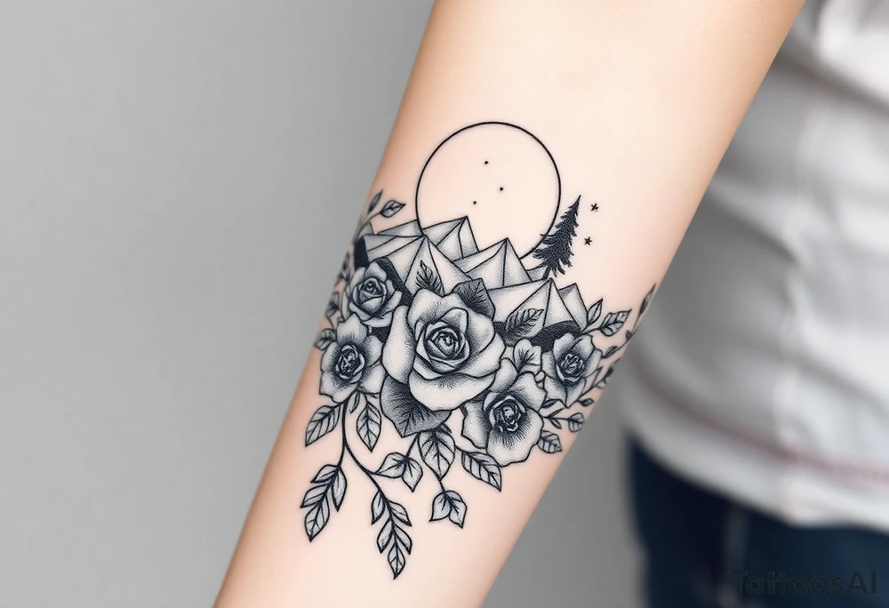 Roses wild flower vines with moon and stars mountains wrap around arm forest with cuff with mandala tattoo idea