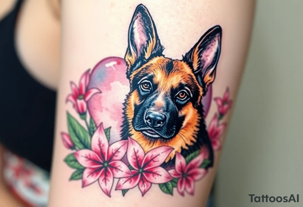 strong short haired german shepherd with alert ears surrounded by pink lilies with large leaves in front of a sacred heart tattoo idea