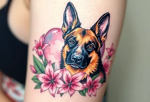 strong short haired german shepherd with alert ears surrounded by pink lilies with large leaves in front of a sacred heart tattoo idea