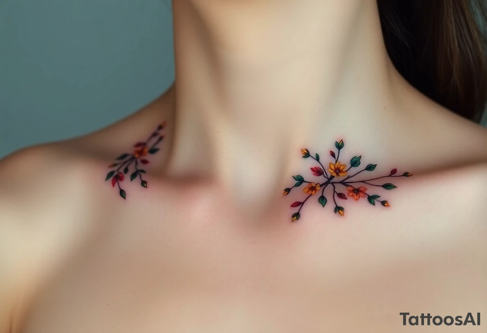 Two separate collarbone tattoos of long, thin stems and branches covered with red, orange, yellow and dark forest green leaves and flowers, muted and light, delicate and gentle but moody, long and thin, following the collarbone. tattoo idea