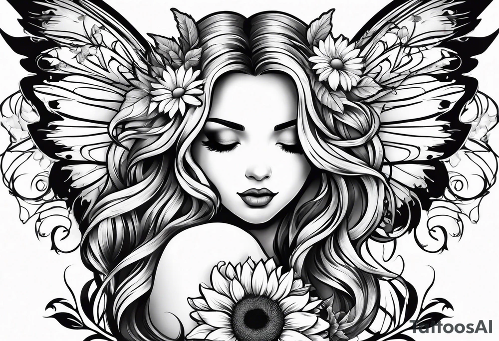 Sleeve with angel wings, sunflower and butterfly tattoo idea