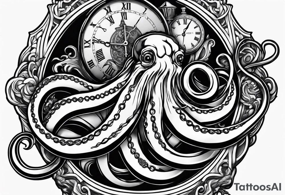 Forpocket watch wrapped under an aggressive octopus, lateral view tattoo idea