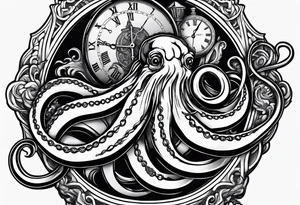 Forpocket watch wrapped under an aggressive octopus, lateral view tattoo idea