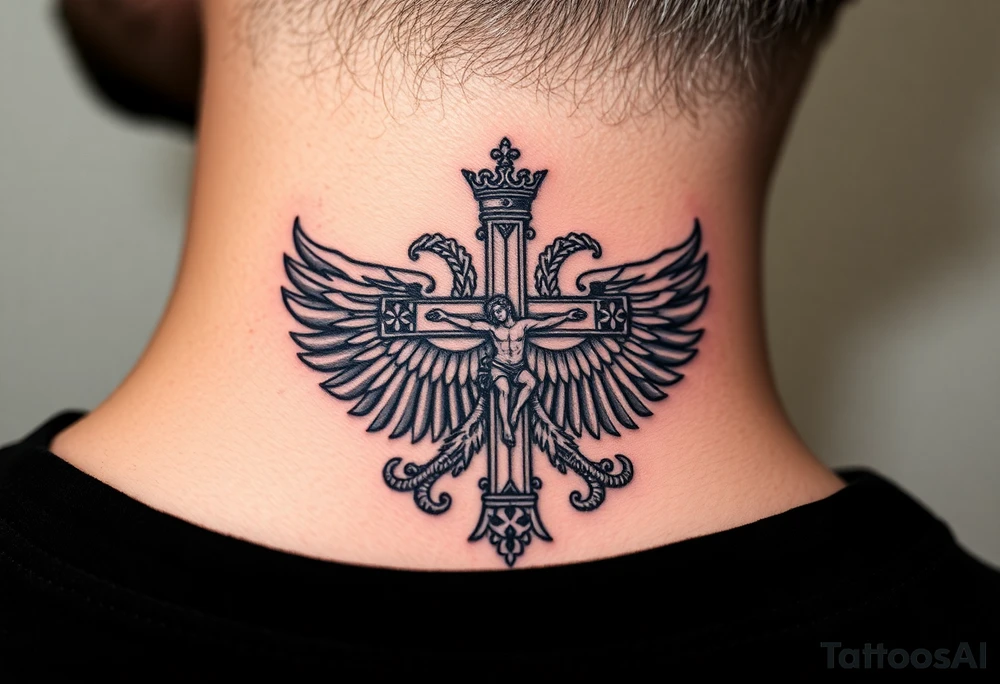 Traditional orthodox ICXC Christian cross with Jesus Christ on the cross also with the foot rest part of the cross in a Russian double headed eagle Kremlin setting tattoo idea