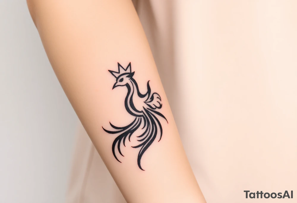 Pheonix wearing a crown with flowy long tail tattoo idea