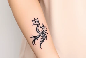 Pheonix wearing a crown with flowy long tail tattoo idea