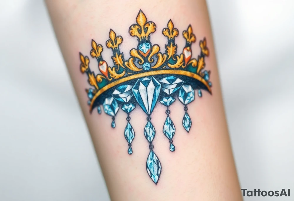 A detailed royal crown with diamonds cascading down as jewels, in golden hues for the crown and white diamonds with light blue reflections for the stones tattoo idea