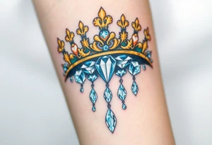A detailed royal crown with diamonds cascading down as jewels, in golden hues for the crown and white diamonds with light blue reflections for the stones tattoo idea