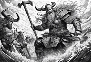 Norse mythology, ultra realism, Viking, war, battle, storm, chaos,  detailed, ragnarok tattoo idea