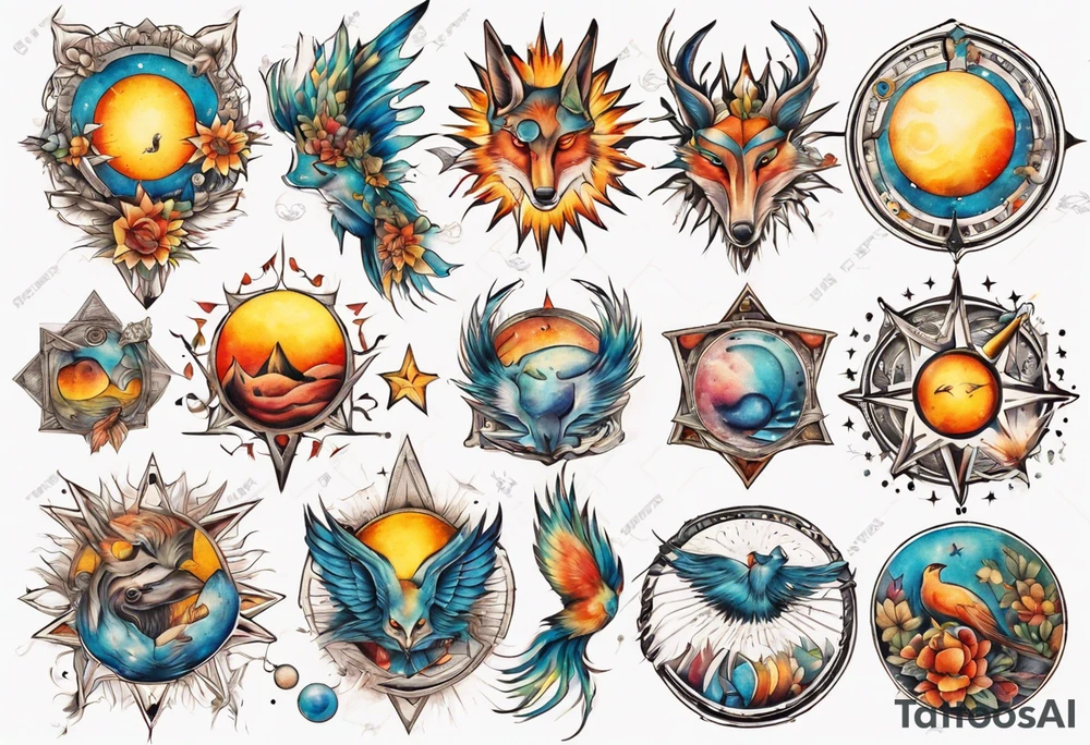 fisch, fuchs und eule , symetrie  sonne, universum, bunt, " sapere aude" tattoo idea