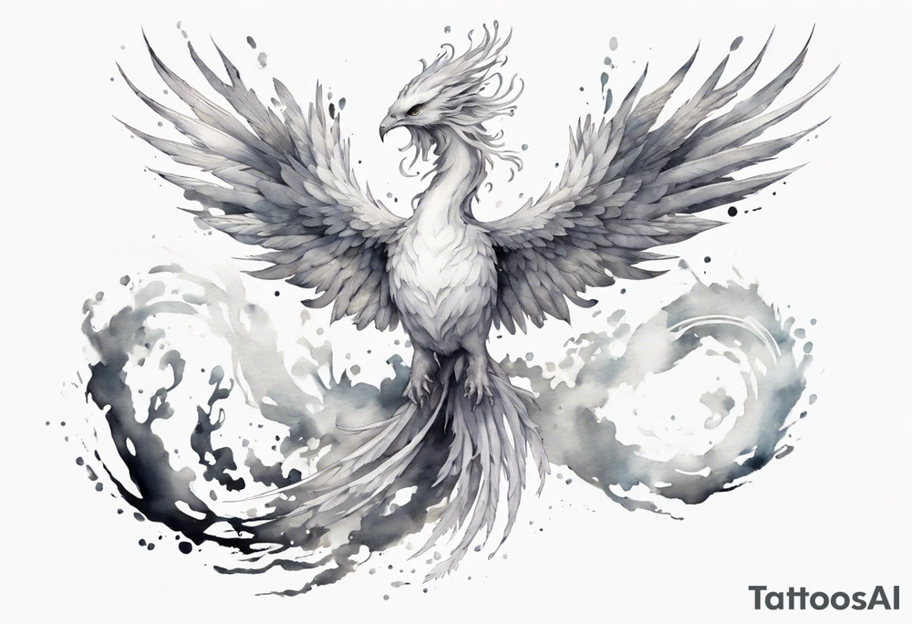 a white phoenix-serpent hybrid wearing a small crown, flying in the air tattoo idea