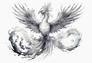 a white phoenix-serpent hybrid wearing a small crown, flying in the air tattoo idea