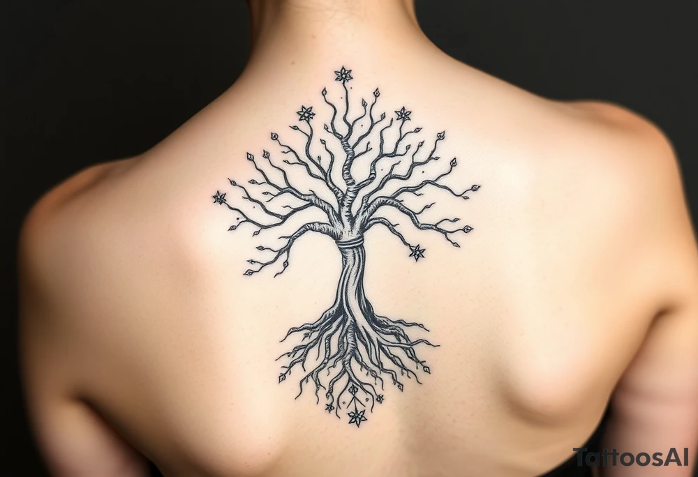mystical tree of life with cosmic roots and celestial branches tattoo idea