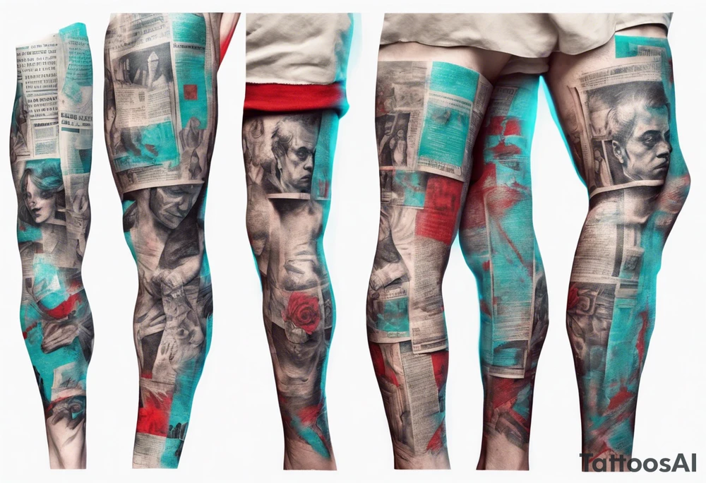 an art showing a newspaper on the leg and shoulder, old ritual, in the style of abstract portraits, textured pigment planes, red and cyan, stencil art, gothic romanticism, full white background <https://s.mj.run/gUiE1vI_8x0> tattoo idea