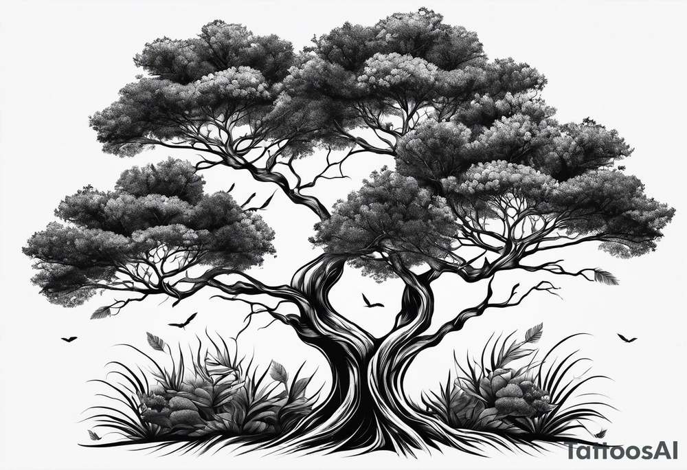 close up line drawing of 5 trees tattoo idea
