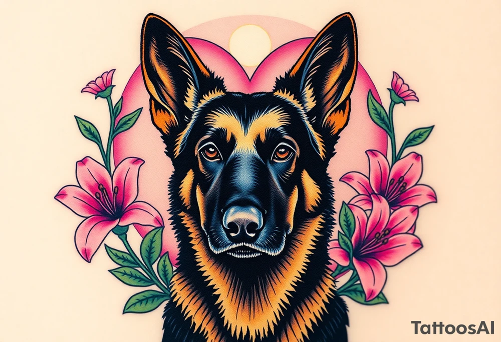 realistic german shepherd with alert ears looking protective surrounded by pink lilies with leaves in front of a sacred heart tattoo idea