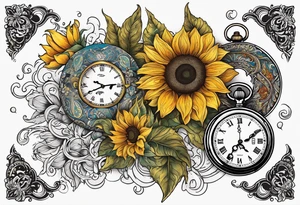 Sunflower, paisley, moon, 3 old fashioned pocket watches, witchy tattoo idea