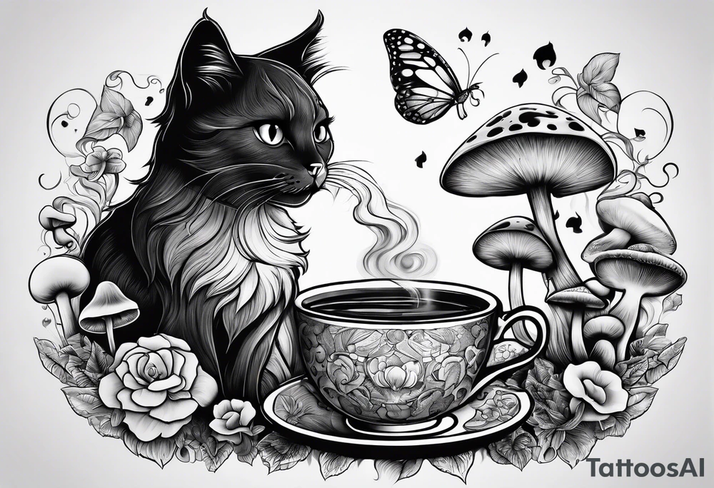 A mysterious cat taking a hot mushrooms cup of tea tattoo idea