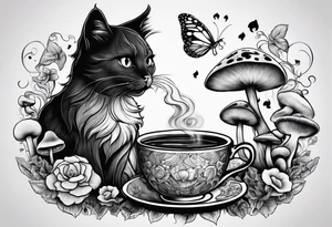 A mysterious cat taking a hot mushrooms cup of tea tattoo idea