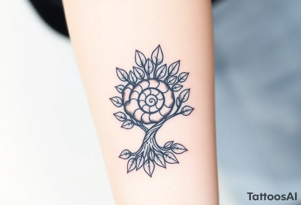 Fibonacci spiral shell on side of base of tree full of lots of leaves tattoo idea