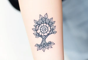 Fibonacci spiral shell on side of base of tree full of lots of leaves tattoo idea