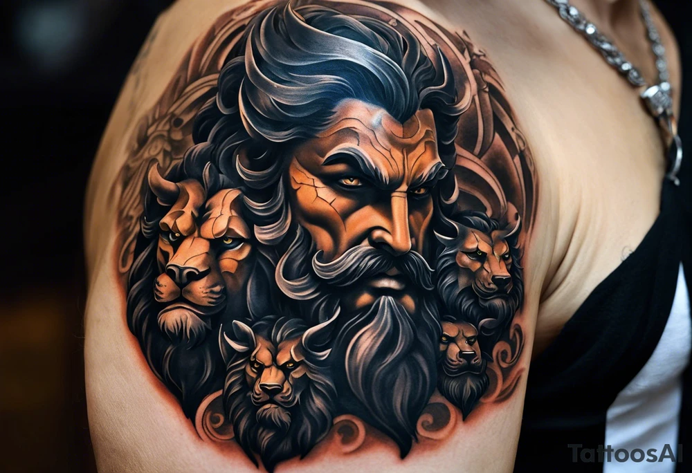 The tattoo features a highly realistic depiction of Hadès, the Greek god of the underworld, holding Cerberus, the three-headed guardian of the underworld, on a chain. Hadès is portrayed with a commanding and imposing presence. His face, marked by stern and intense eyes, exudes authority and control. His dark, flowing hair and beard are rendered with intricate details, adding texture and depth. He is draped in a richly detailed cloak that falls in realistic folds, enhancing his divine and somber demeanor. Cerberus, depicted in a dynamic and fierce pose, is shown with his three heads snarling and baring their fangs. Each head is intricately detailed with lifelike fur, sharp eyes, and menacing expressions. The three heads are chained, with the chains artistically wrapped around Hadès' hand, symbolizing his dominance over the beast. The chains themselves are depicted with realistic textures and shadows, emphasizing their weight and strength. The background remains minimalistic to keep the focus on Hadès and Cerberus. The tattoo uses detailed shading and highlights to bring out the textures of Hadès' cloak, Cerberus' fur, and the chains, capturing the dark and powerful essence of the Greek god and his fearsome guardian. tattoo idea