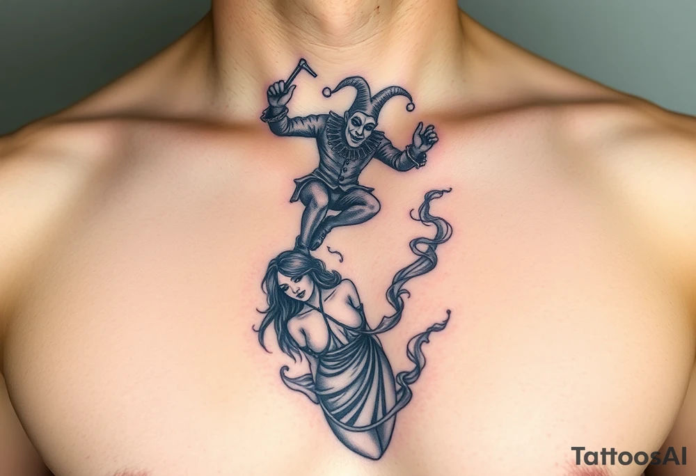 jester hovering over woman in smoke tattoo idea
