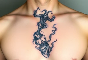 jester hovering over woman in smoke tattoo idea