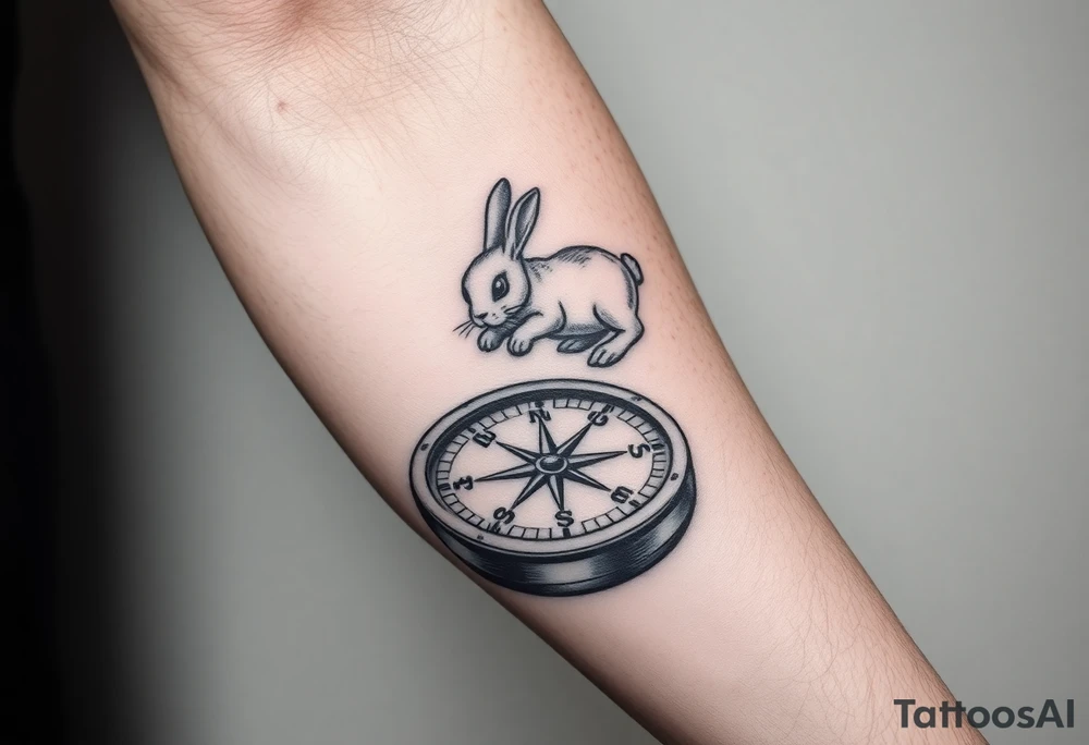 Small Rabbit jumping on top the compass that looks like a rabbit hole. tattoo idea
