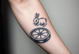 Small Rabbit jumping on top the compass that looks like a rabbit hole. tattoo idea
