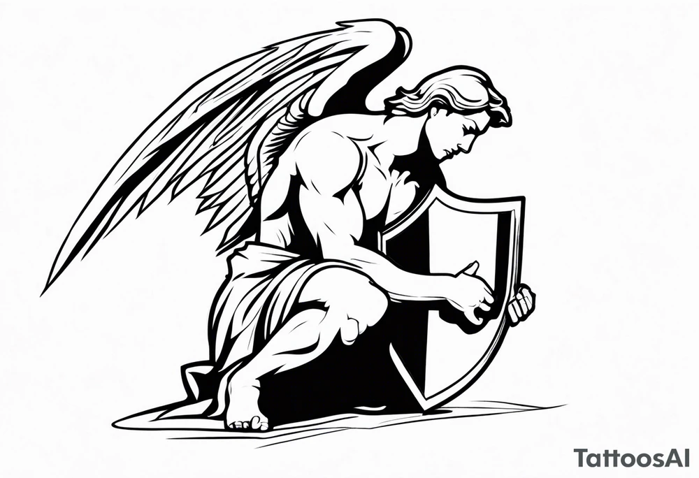 side view of crouched male angel holding shield tattoo idea