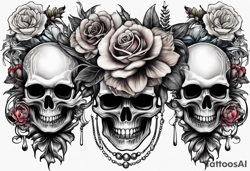 H.R. Giger tattoo with realistic evil skull, various flowers, water and fall colors tattoo idea