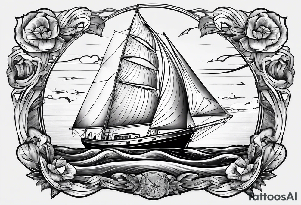 bow of a sailboat. 1 mast and 2 sails to windward. one of the 2 sails is half sail, half marine lighthouse. tattoo idea