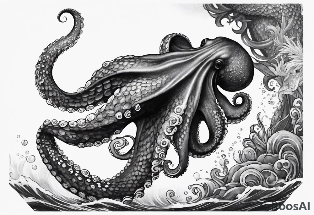 Octopus looking up at a mermaid in the ocean wrap around entire bottom of lower leg. tattoo idea