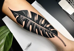 Abstract but realistic monstera leaf tattoo to go on the right leg on the outside of the leg next to the shin with a stem going down behind the ankle. Make it not so dark with lighter shading tattoo idea