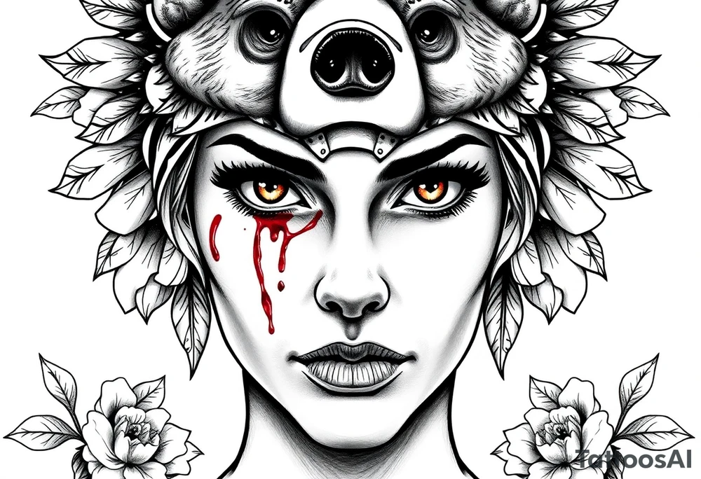 Symmetrical Beautiful Woman, looking forward, with colored eyes, shedding a tear, with battle scars and blood on face, with soft look, wearing a mean looking bear headdress on head, with flower background tattoo idea