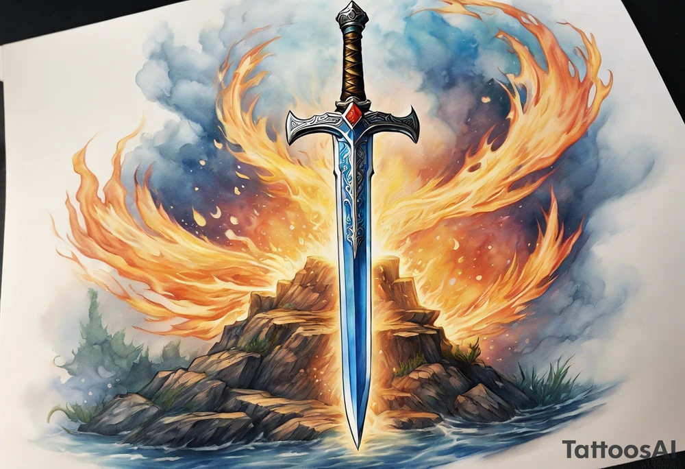 refined, detailed drawing of the Master Sword with the blade partially wrapped in ethereal elemental symbols: flames licking up one side, water flowing down the other, roots climbing the hilt, and wind swirling around the tip. The elements are subtly integrated, creating a harmonious design. tattoo idea