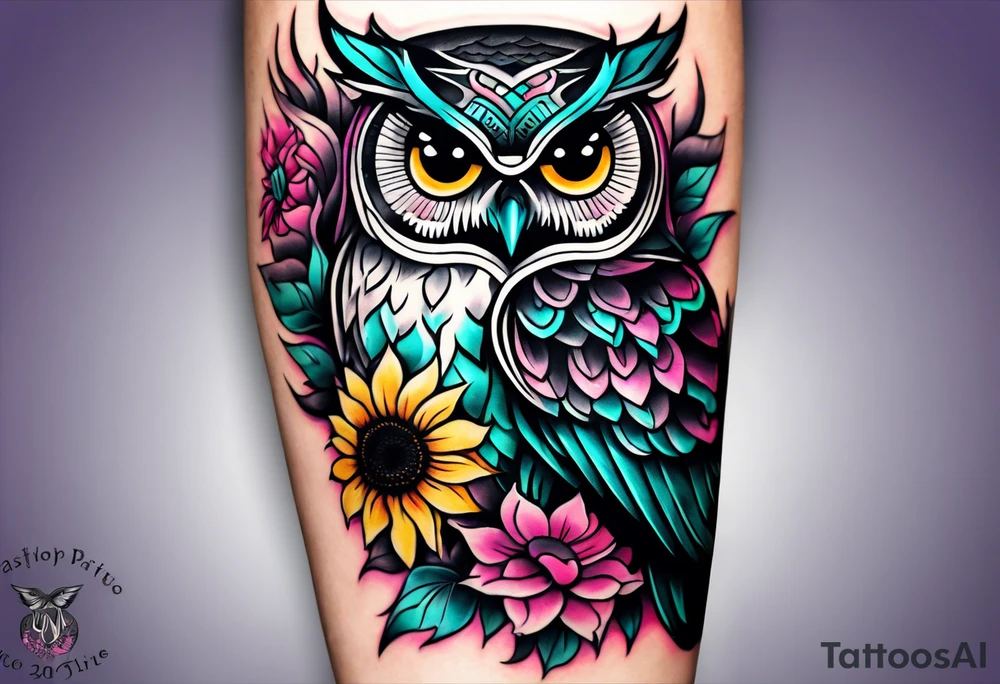 Leg Sleeve with black and white owl that's lightly shaded teal, pink and purple and yellow sunflowers tattoo idea