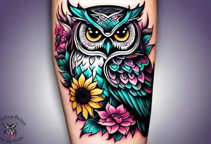 Leg Sleeve with black and white owl that's lightly shaded teal, pink and purple and yellow sunflowers tattoo idea
