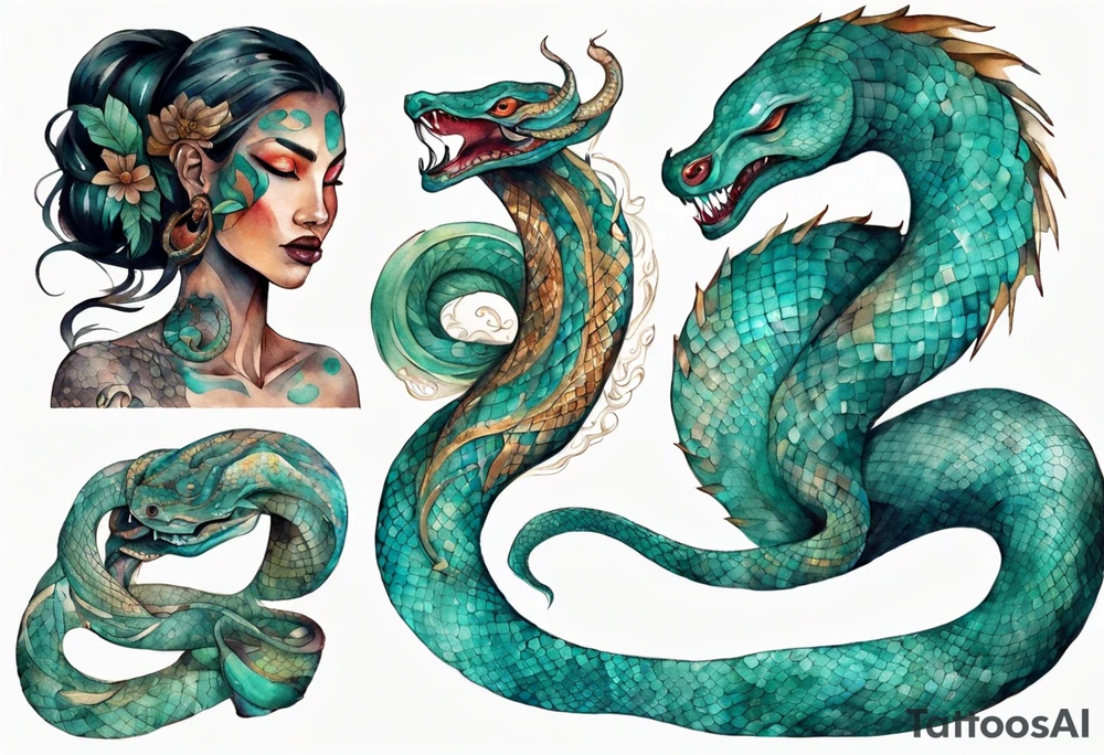 a Naga with a woman's face and the body of a serpent, turquoise scales tattoo idea