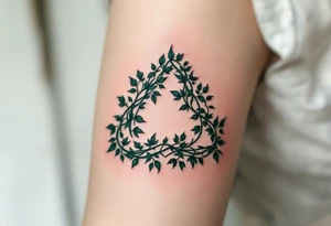 A triquetra formed from twisting ivy vines, shaded in deep forest green, representing growth and eternity. tattoo idea